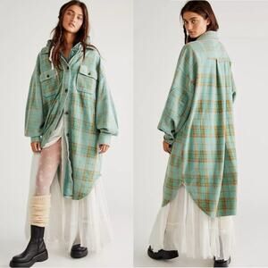 Free People Plaid Long Ruby Jacket Shacket Coat Sage Small Grunge 90s Distressed
